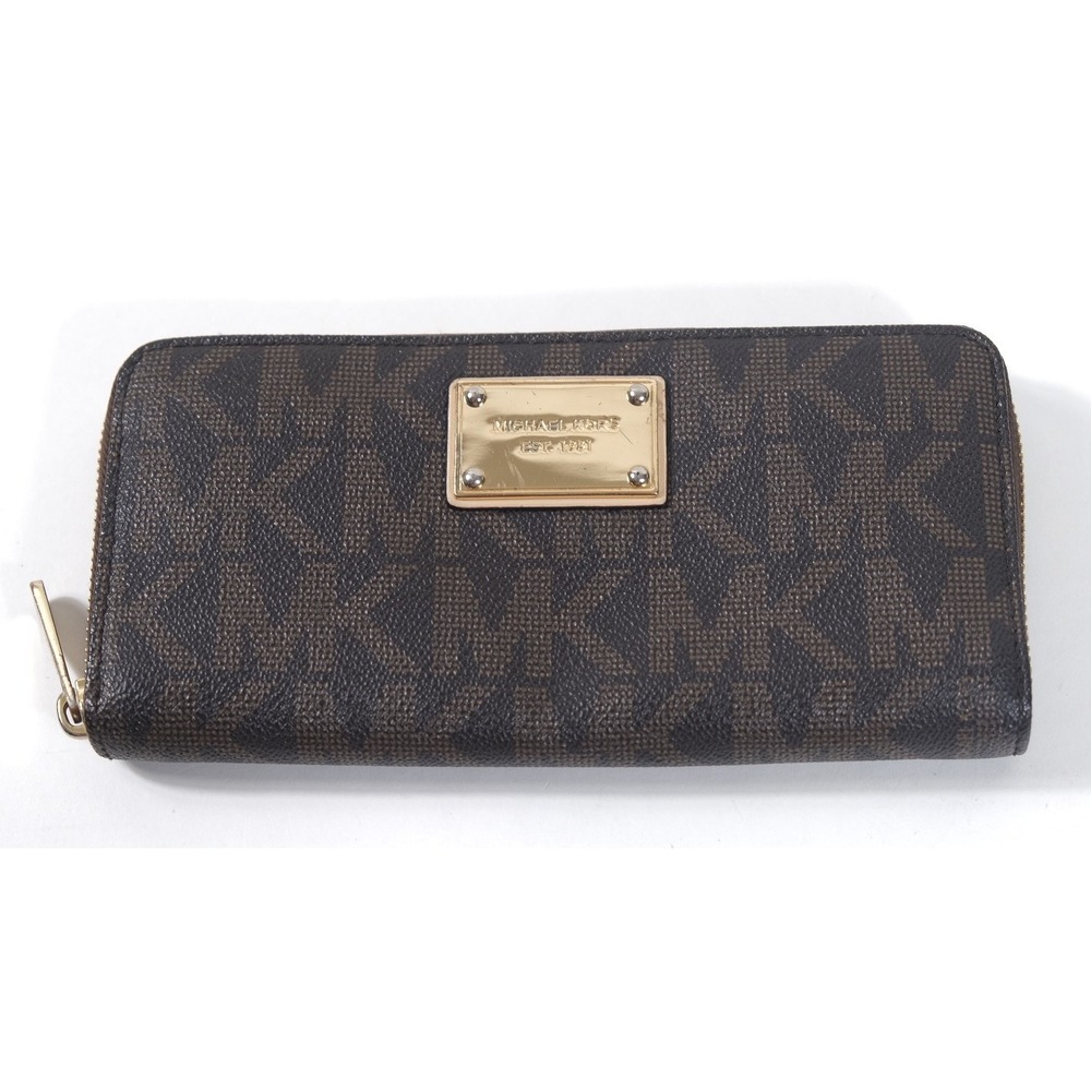Michael Kors Wallet Womens Brown Logo Continental Zip Around Monogram Gold
